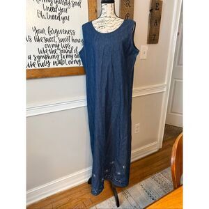 Earth Song Womens Embroidered Hem Sleeveless Chambray Slit Maxi Dress Blue Large